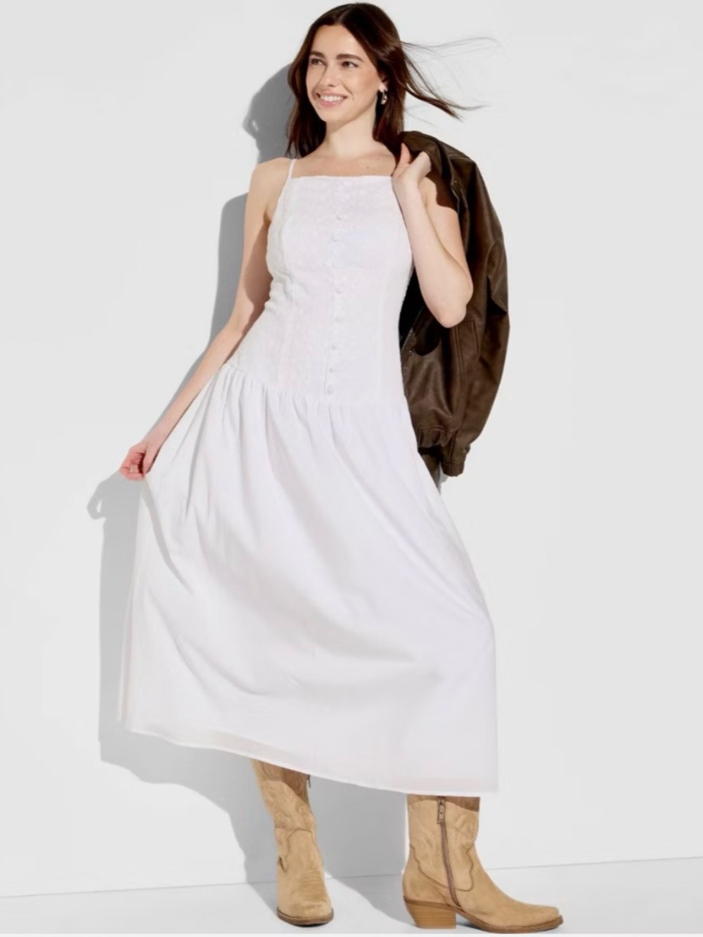 Wild Fable Women's High Neck Dropped Waist Midi A-Line Dress White XS or S NWT